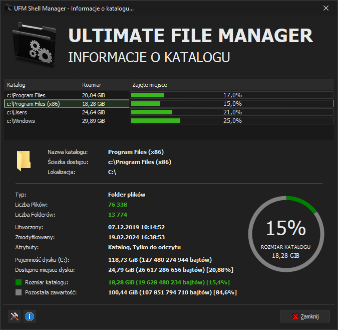 UFM Shell Manager - Tryb Informacji o Katalogach